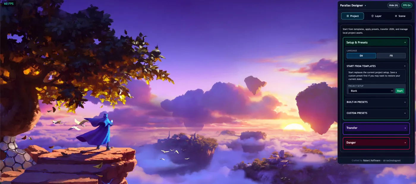 Full application layout showing the parallax viewport with floating overlay panel